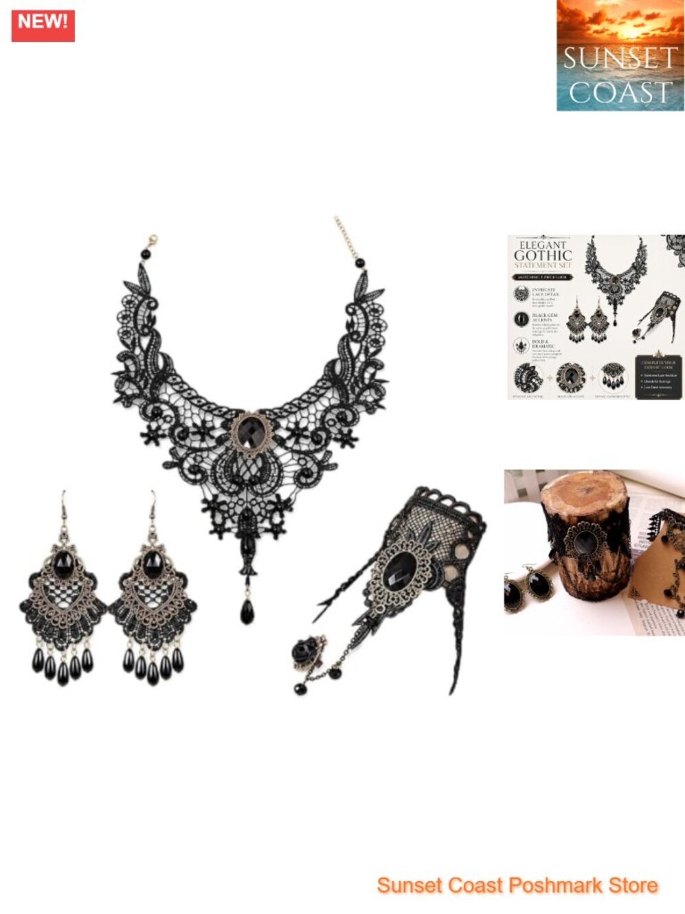 Gothic Lace Choker Necklace Earrings Bracelet Set Halloween Witch Costume